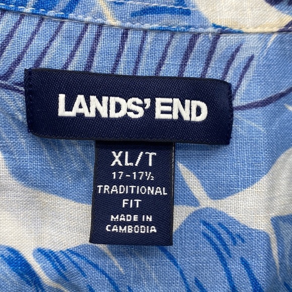 Land’s End traditional fit tropical blue white linen button Down short sleeve - Picture 2 of 8